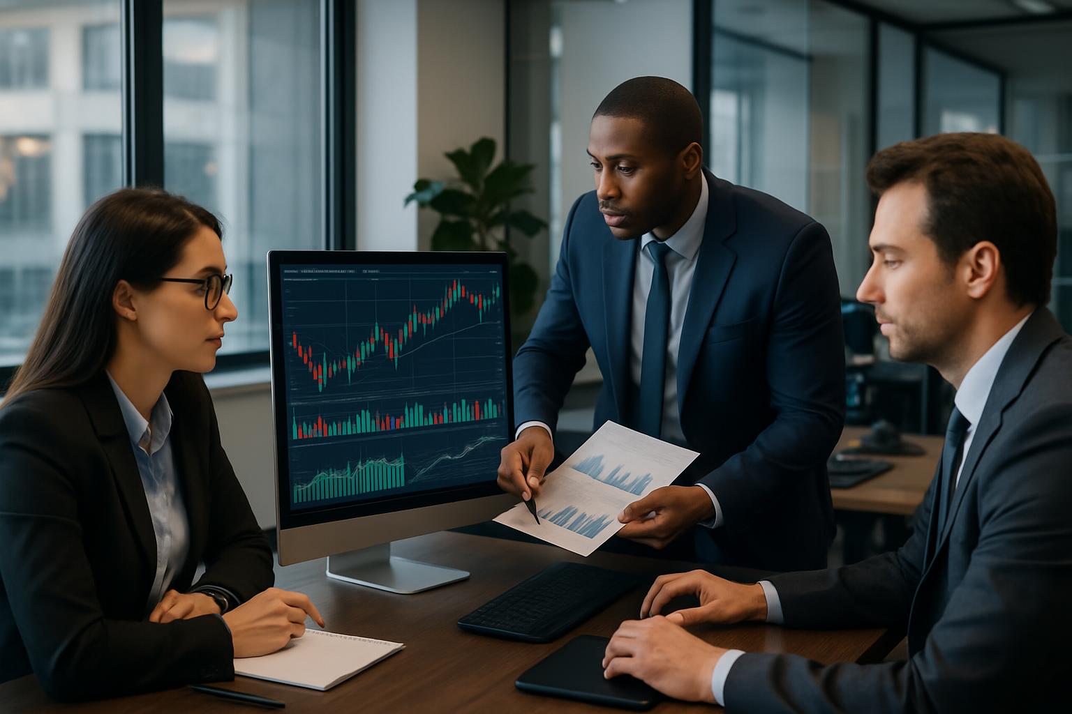 Investment professionals analyzing financial data